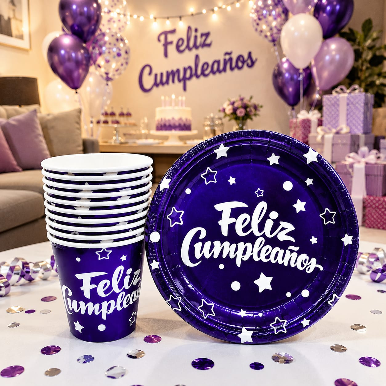 Set 10 Platos Torta + 10 Vasos Morado metálico Feliz Cumpleaños